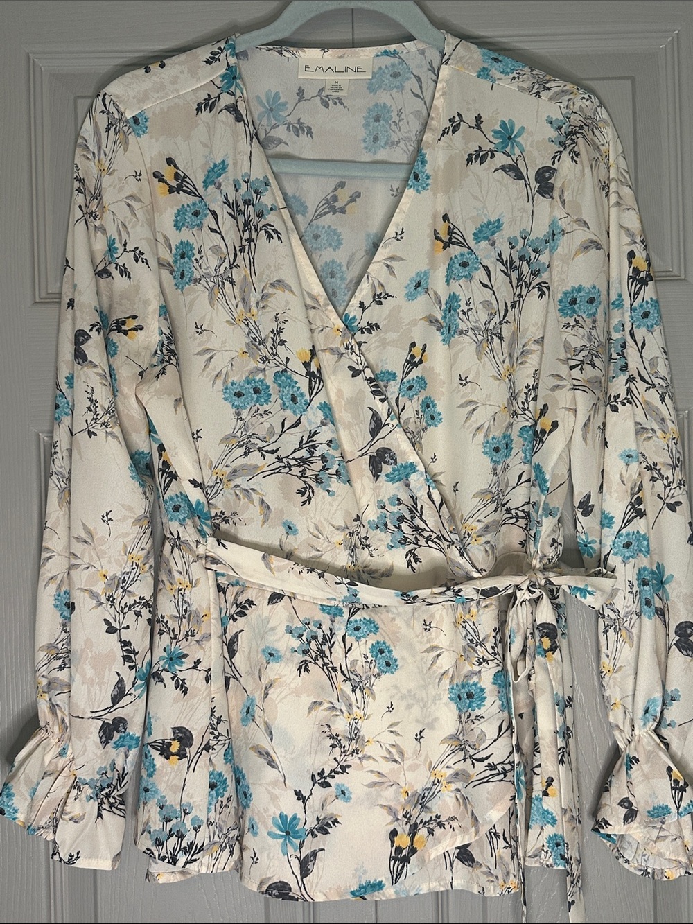 Emaline Floral Wrap Blouse in Cream with Blue Floral Print